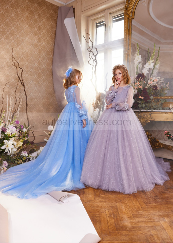 Long Sleeves Beaded Lace Glitter Tulle Flower Girl Dress Long Sleeves Beaded Lace Glitter Tulle Flower Girl Dress